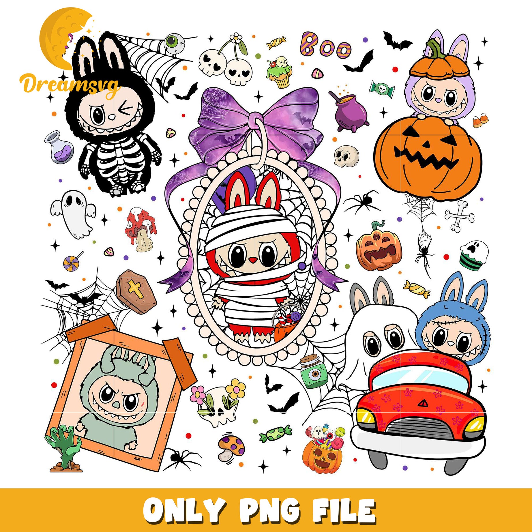 Labubu halloween design png, happy halloween​​​ png, halloween toys​ png