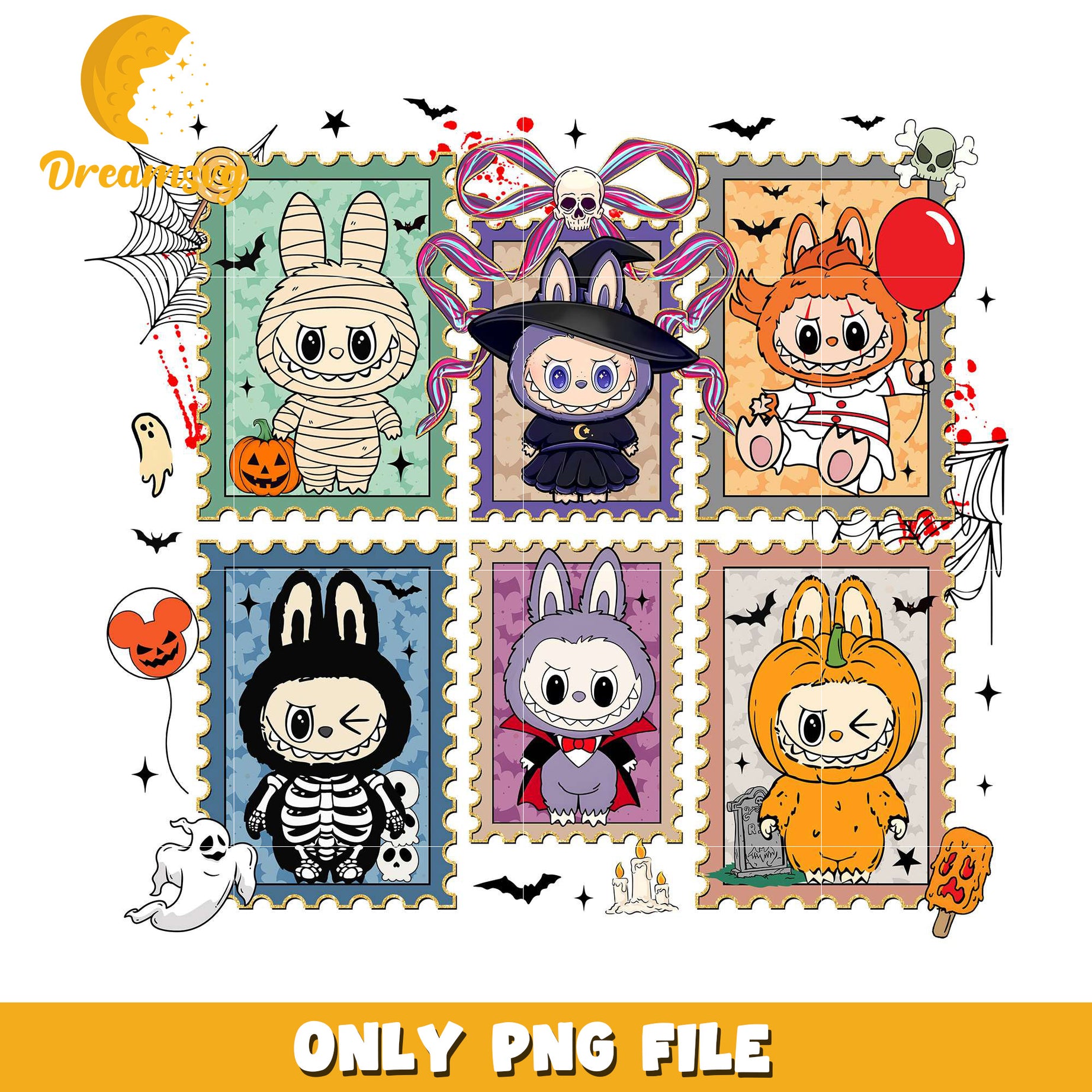 Labubu halloween stamp png, halloween horror nights​​ png, halloween​ png