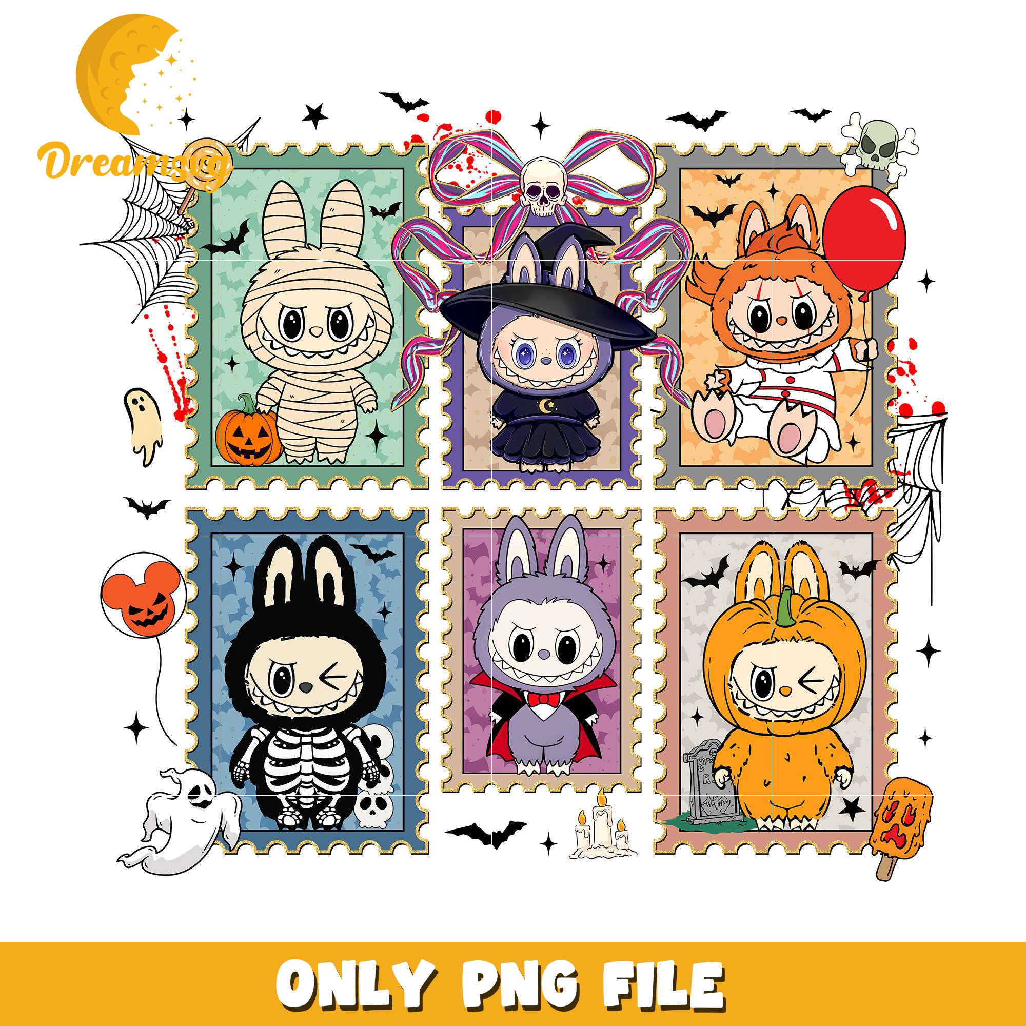 Labubu halloween stamp png, halloween horror nights​​ png, halloween​ png