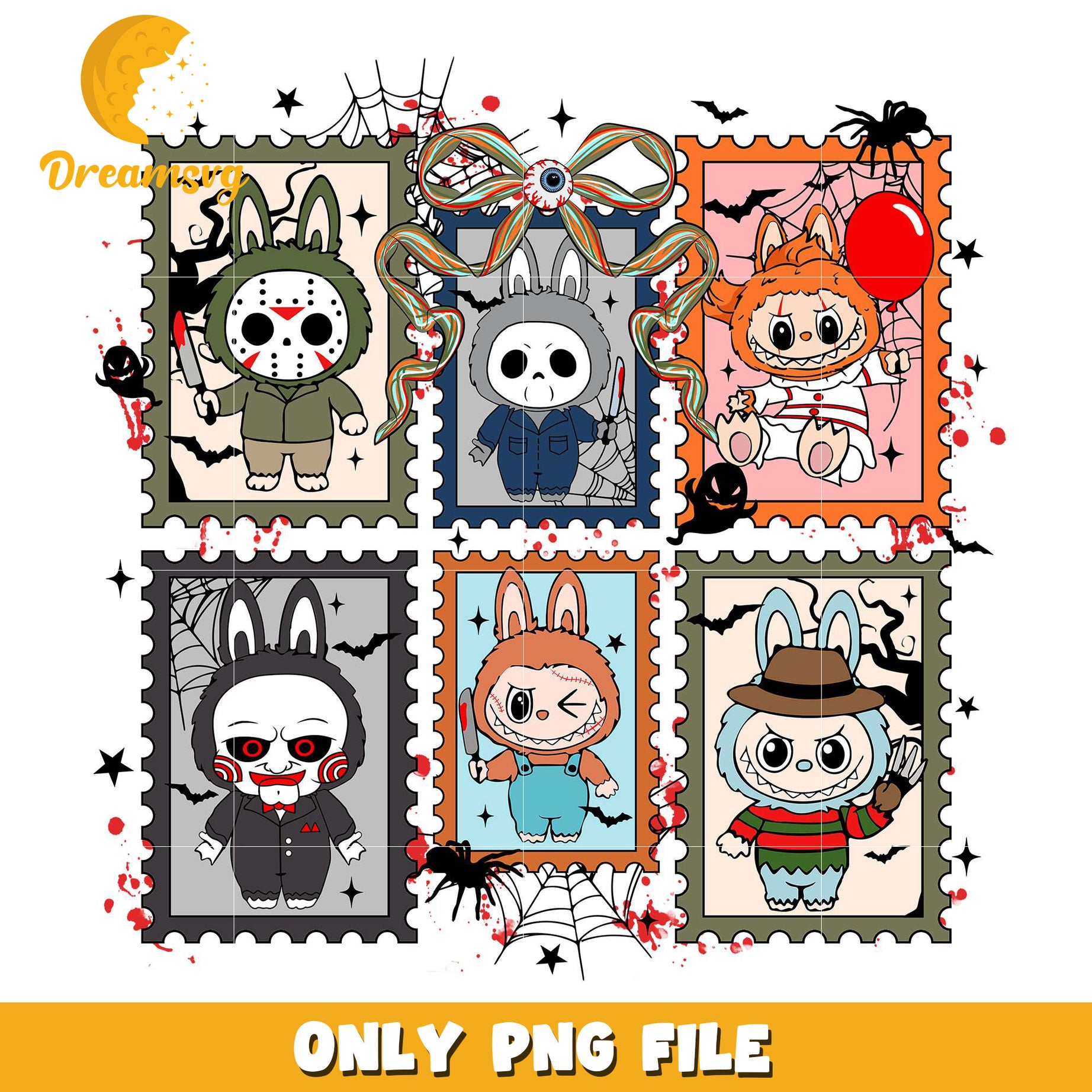 Labubu killers costumes stamp png, halloween wallpaper​​ png, halloween decorations​ png