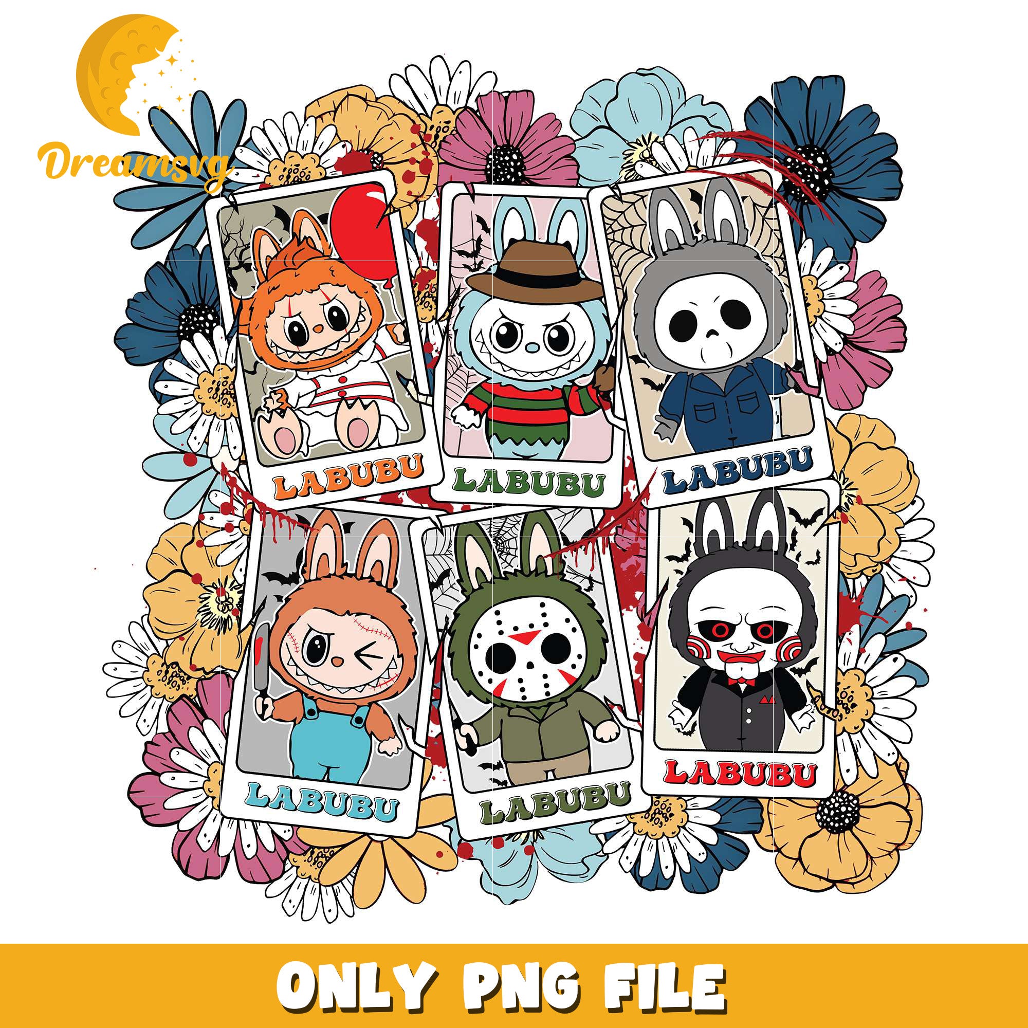 Labubu killers stamps png, halloween horror night png, halloween png