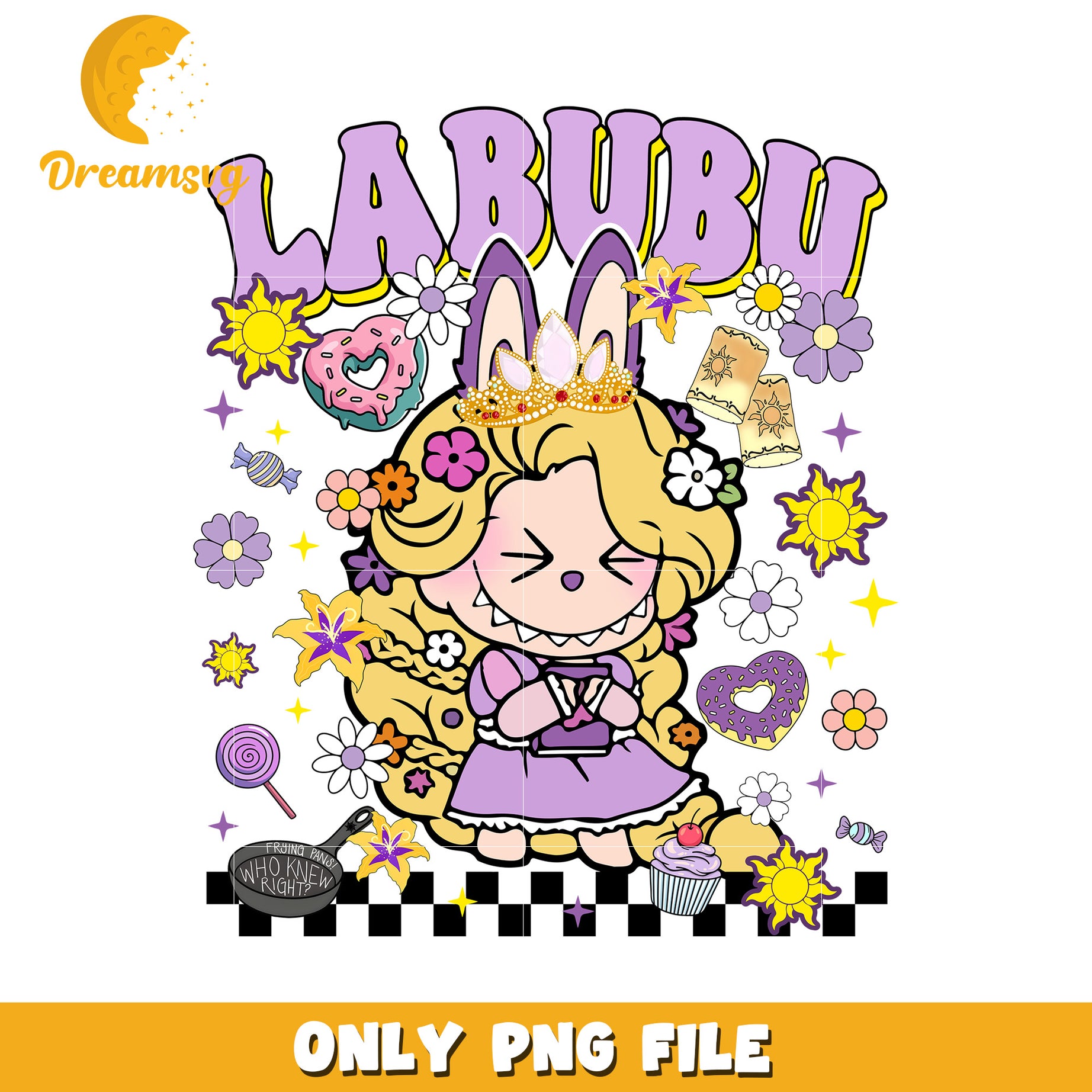 Labubu tangled princess png, cute labubu rapunzel design png, fairytale character png