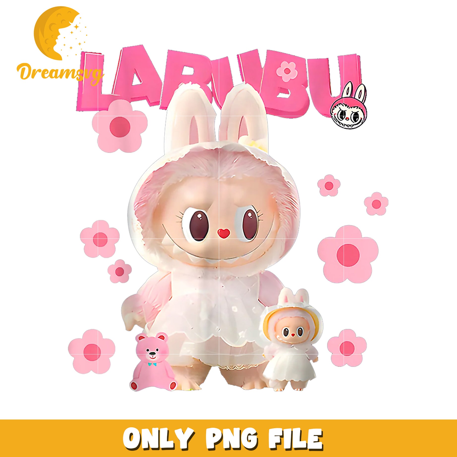 Larubu Bunny PNG, Cute Kawaii Toy, Pink Flower Design