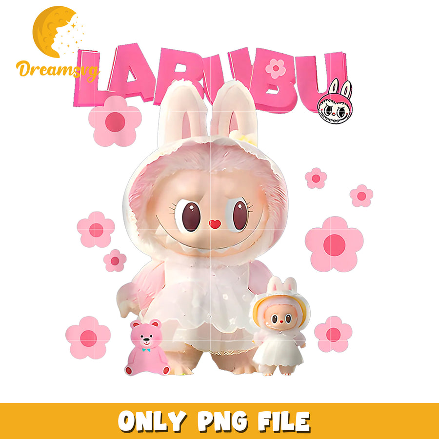 Larubu Bunny PNG, Cute Kawaii Toy, Pink Flower Design