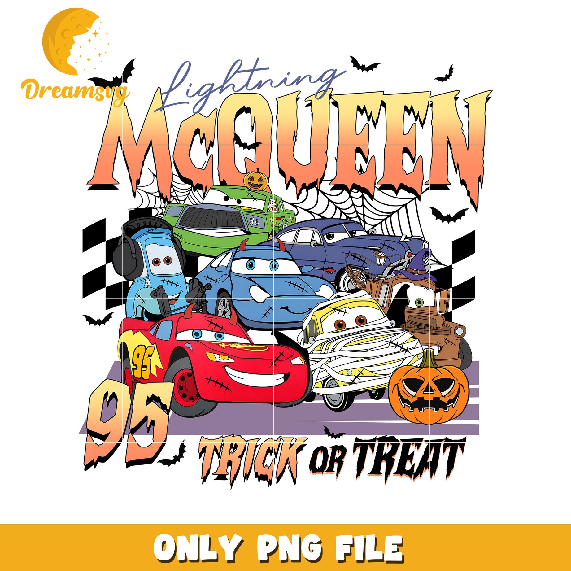Lightning mcqueen design png, trick or treat  png, halloween pumpkin png
