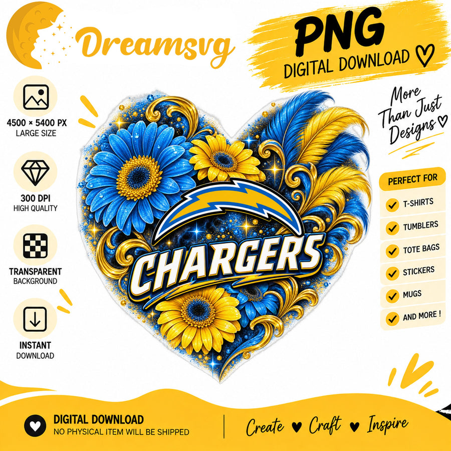 Los Angeles Chargers Floral Heart NFL Football PNG