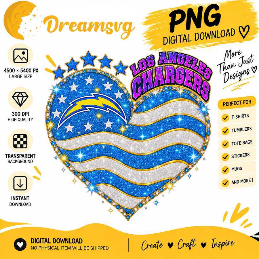 Los Angeles Chargers Glitter Heart NFL Football Fan PNG