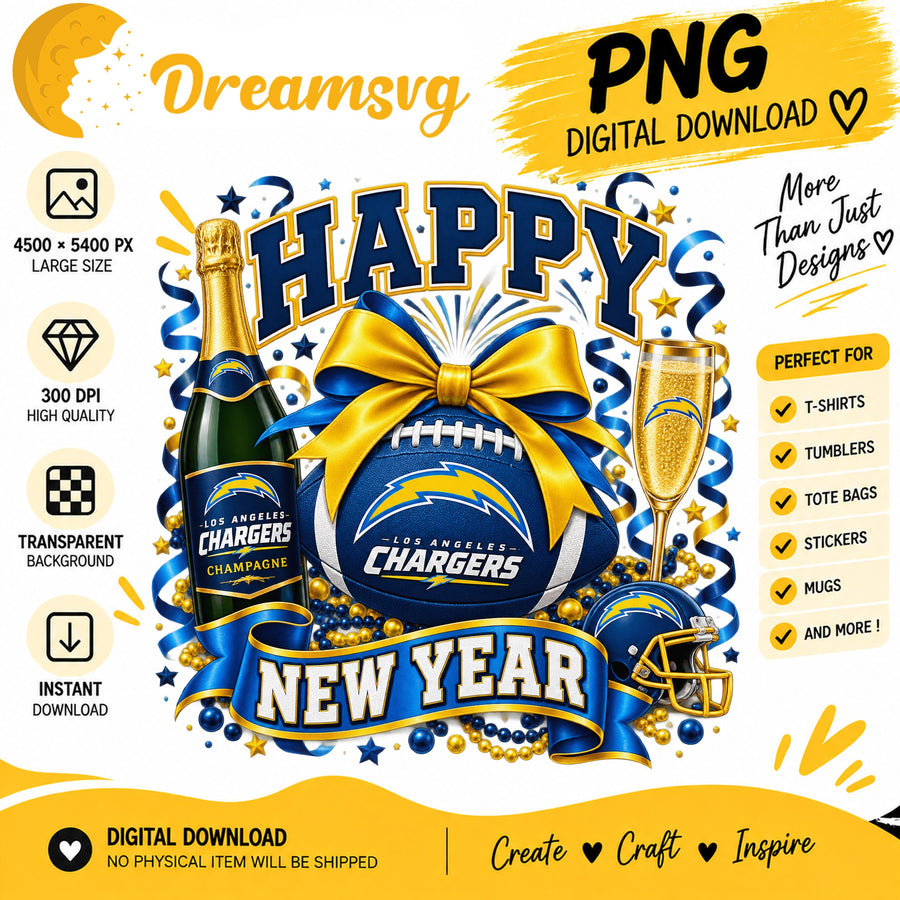 Los Angeles Chargers Happy New Year Sublimation Design PNG