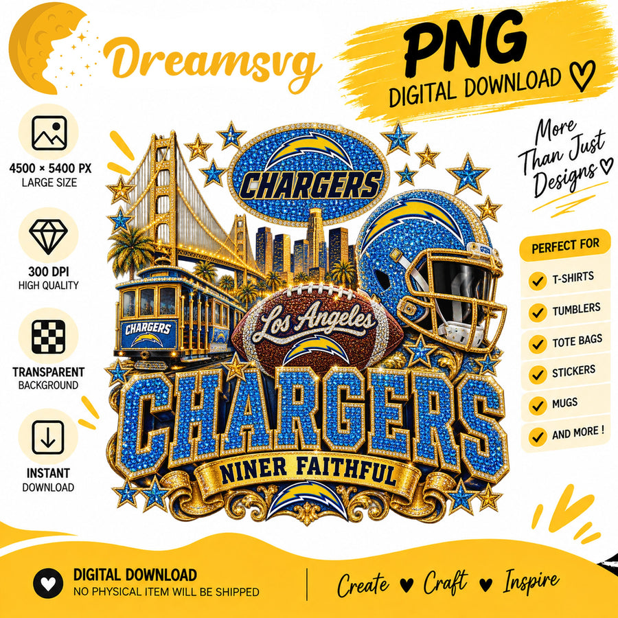 Los Angeles Chargers Niner Faithful Glitter Football PNG