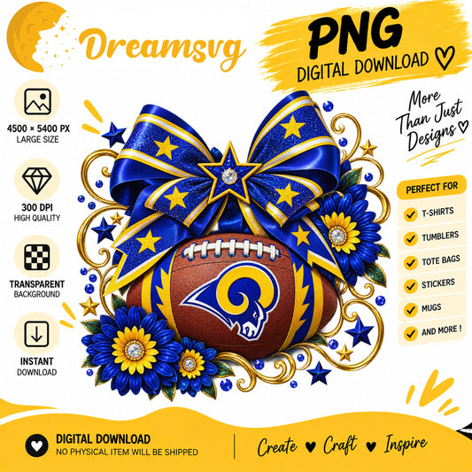 Los Angeles Rams Coquette Bow Glitter Floral Football PNG