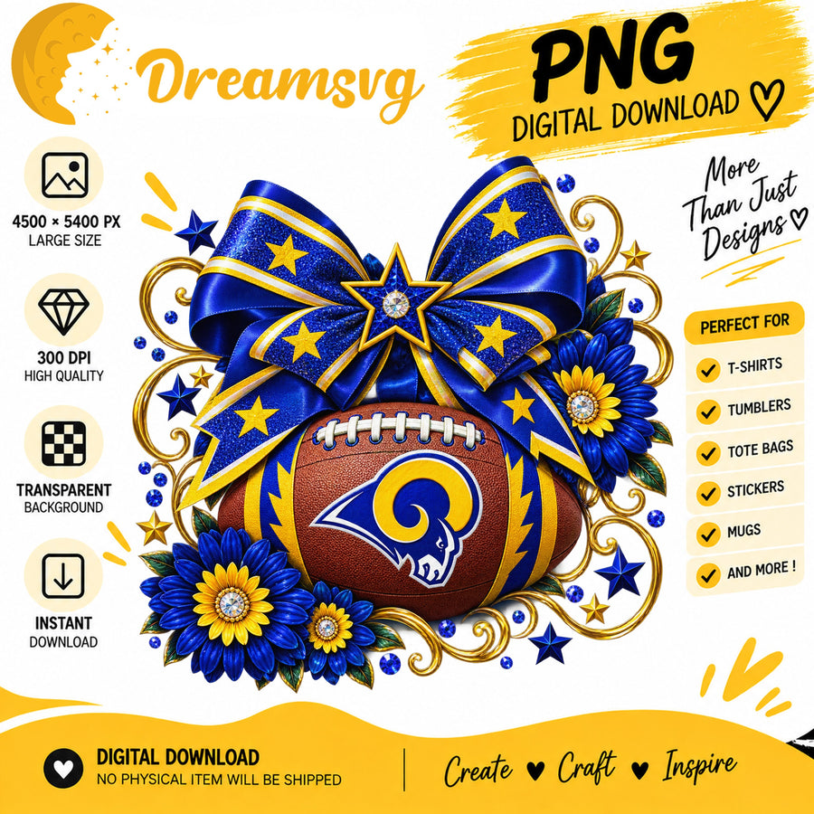 Los Angeles Rams Coquette Bow Glitter Floral Football PNG