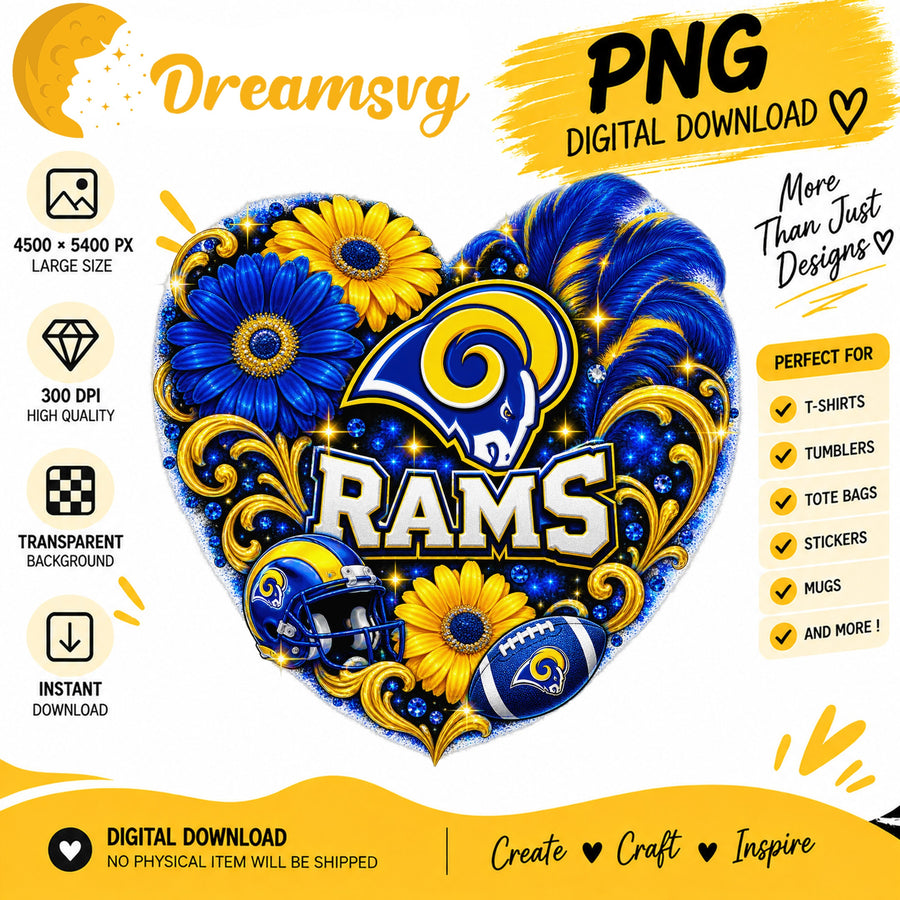 Los Angeles Rams Floral Heart NFL Football Sublimation PNG
