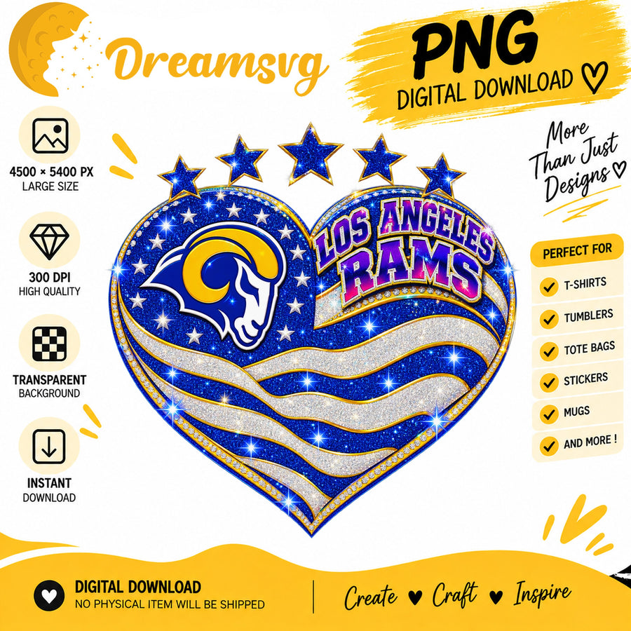 Los Angeles Rams Glitter Heart NFL Football Fan Girl PNG