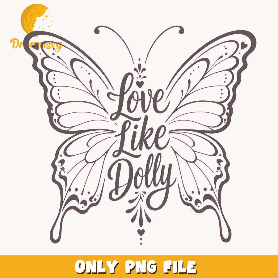 Love Like Dolly Butterfly, Purple Wings Heart Typography, Sticker PNG