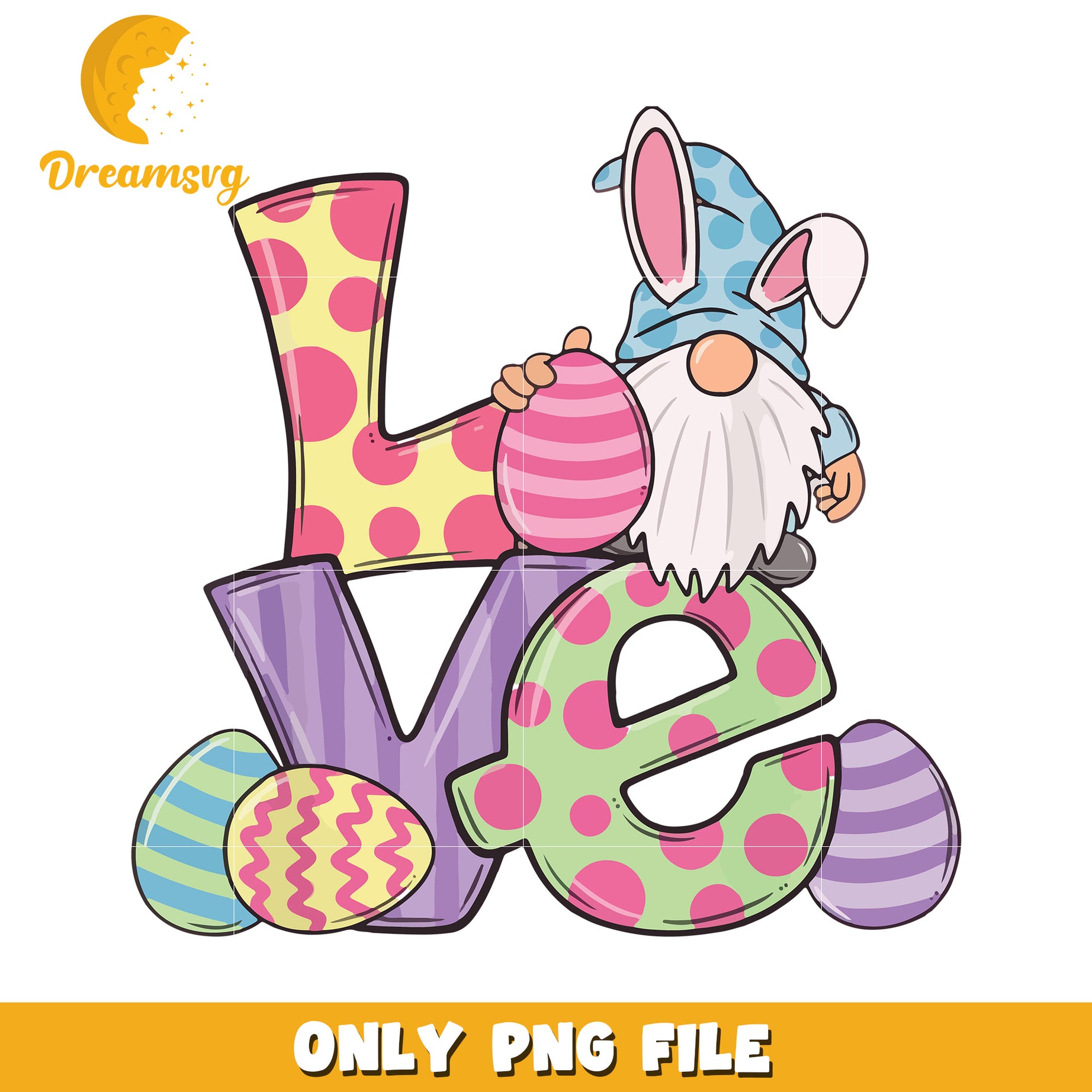 Love easter font design png, easter bunny png, gnome png