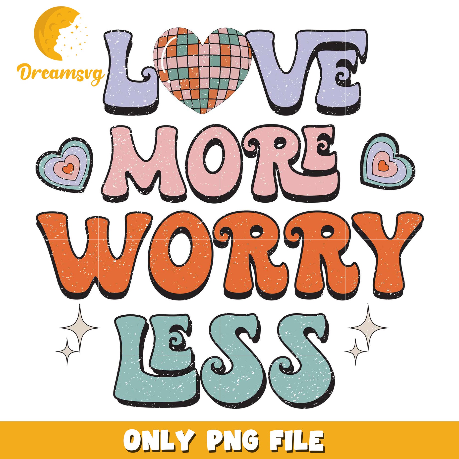 Love more worry less png, groovy retro png, valentine png