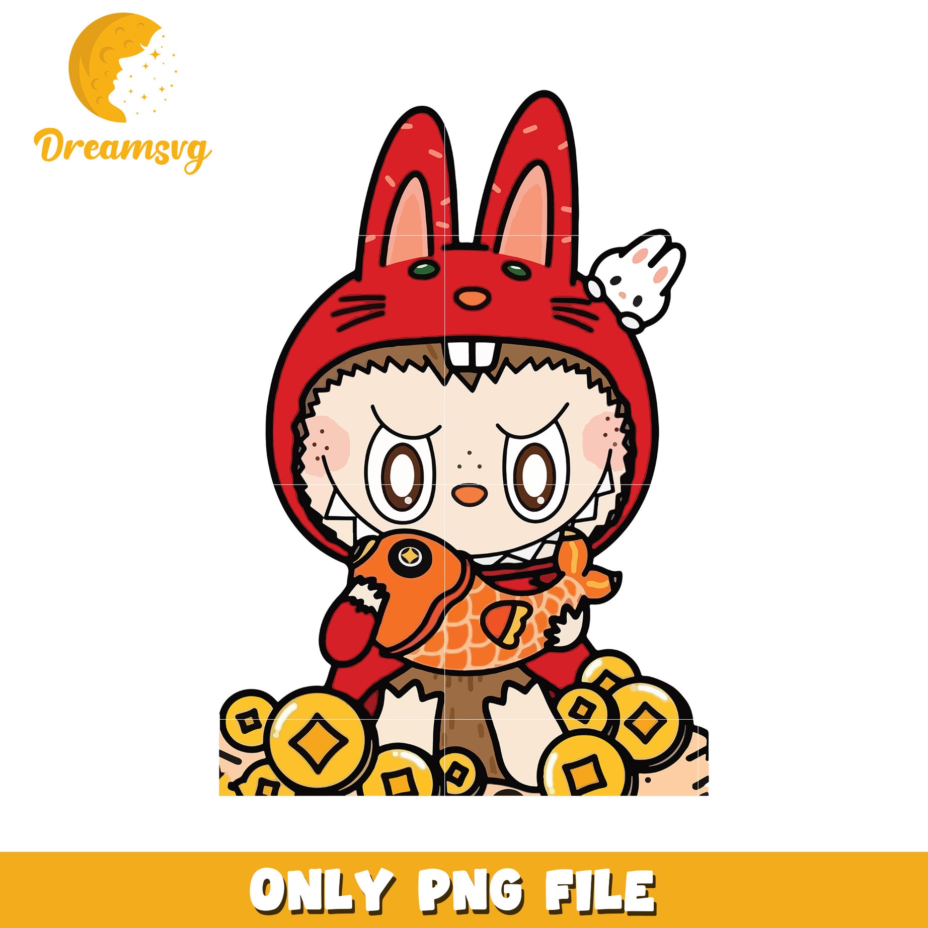 Lucky cat labubu eat fish png, popmart labubu​ png, cartoon characters png