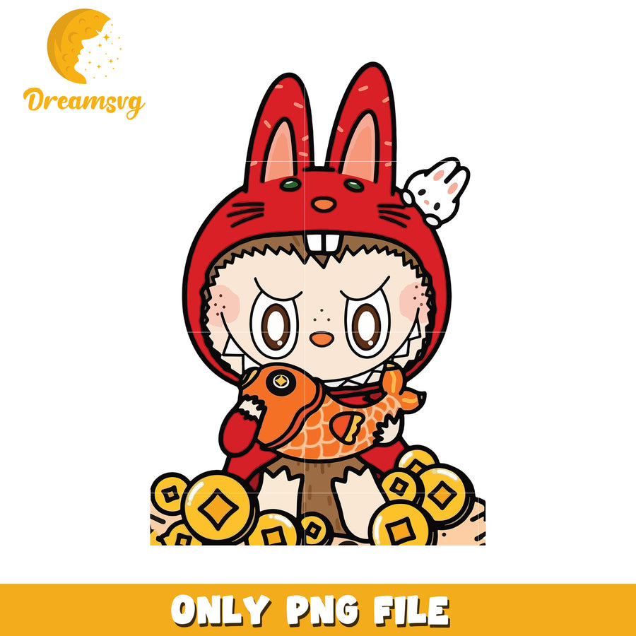 Lucky cat labubu eat fish png, popmart labubu​ png, cartoon characters png