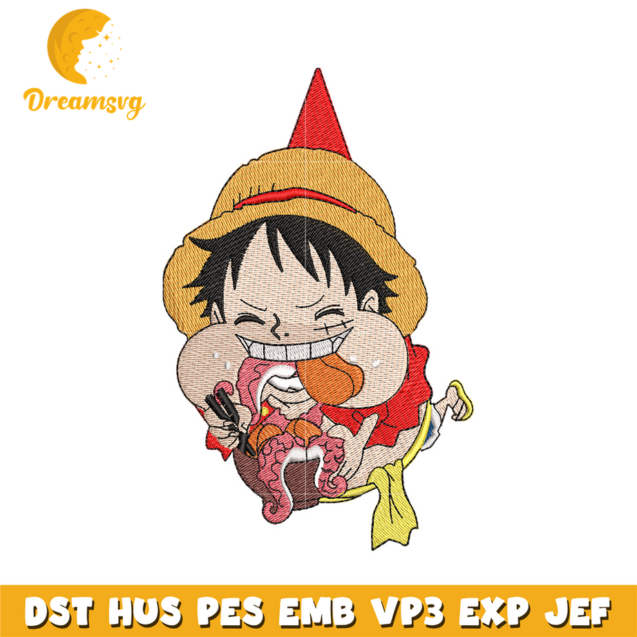 Luffy eating meat embroidery design
