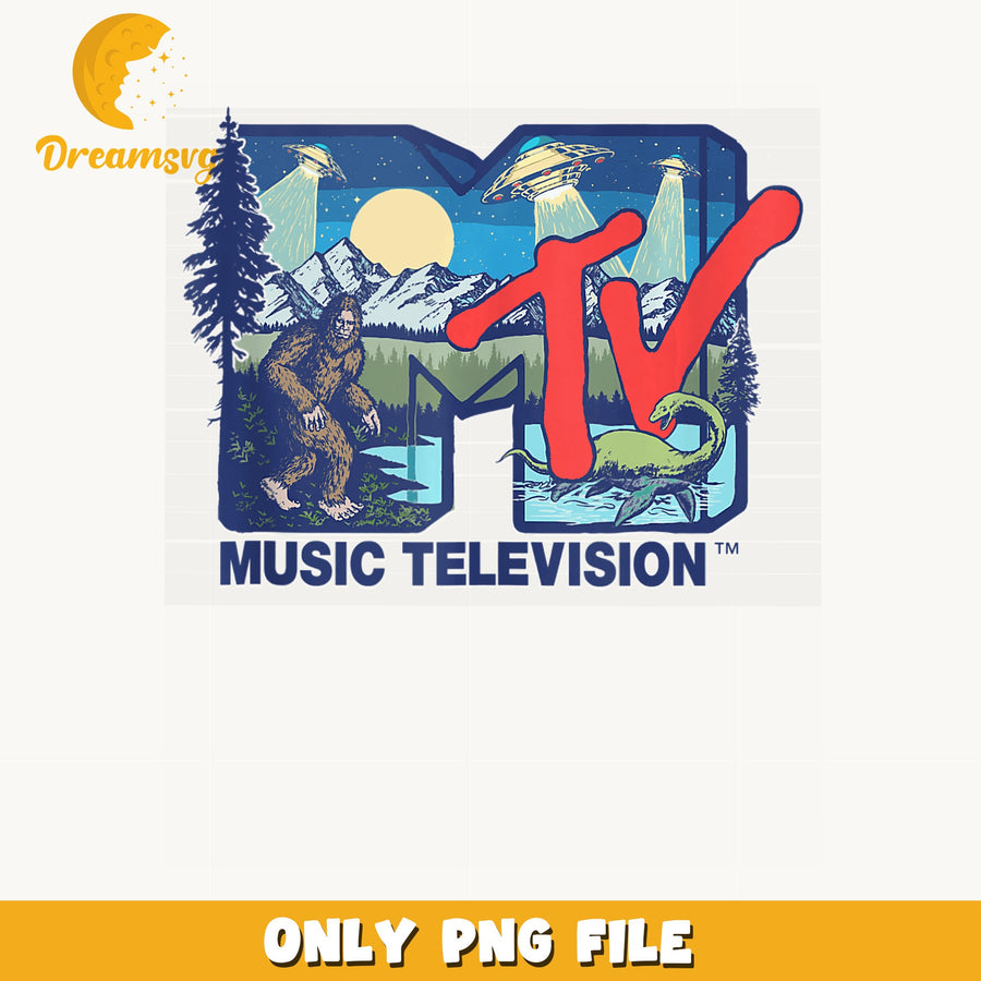 MTV Music Television Bigfoot UFO PNG, Loch Ness Monster, Retro PNG