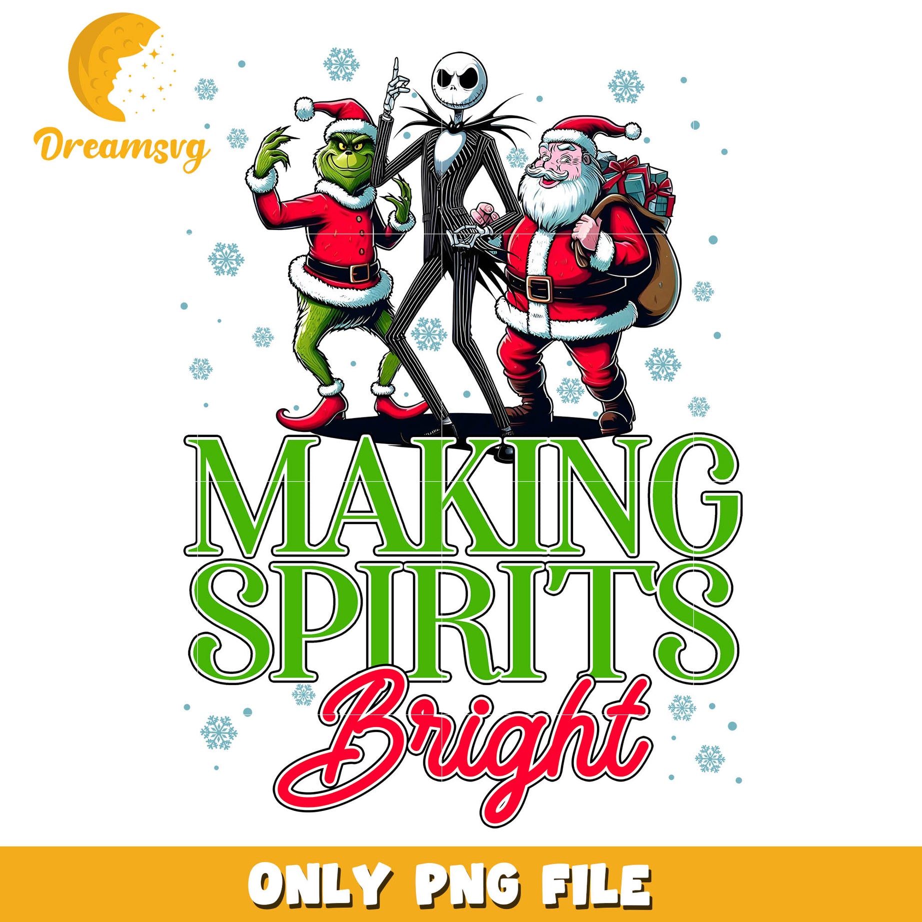 Making spirits bright christmas png, jack skellington and the grinch png