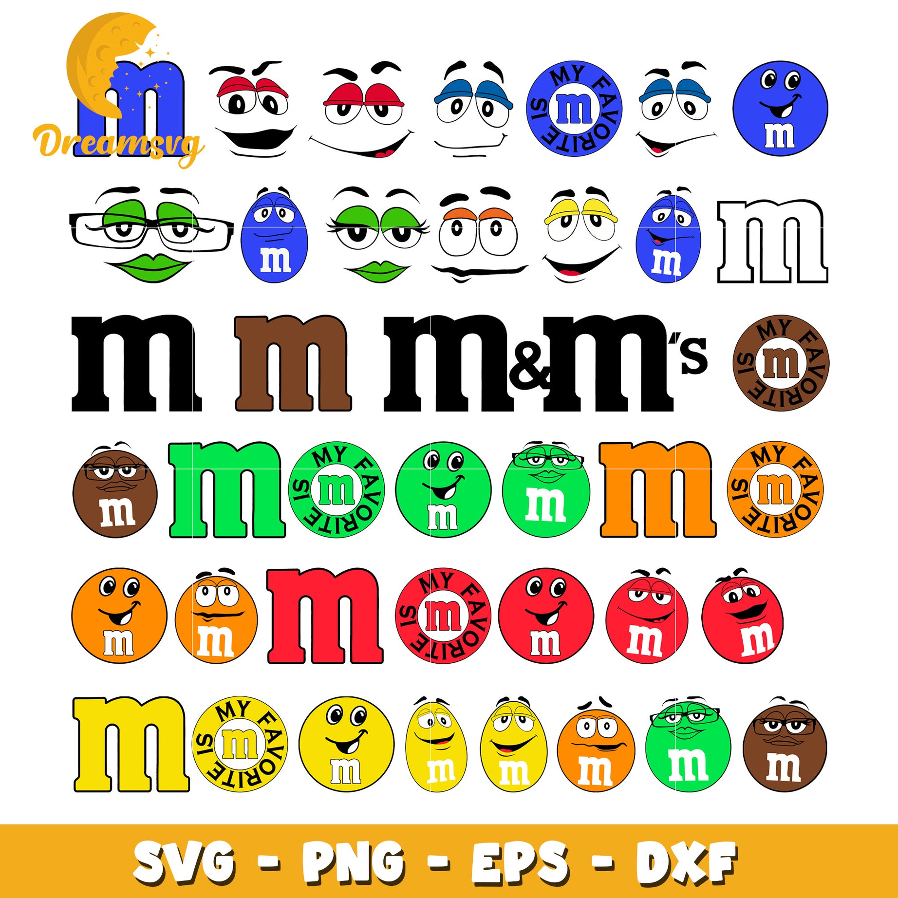 M and m cartoon face design bundle svg, all m and m characters​ svg