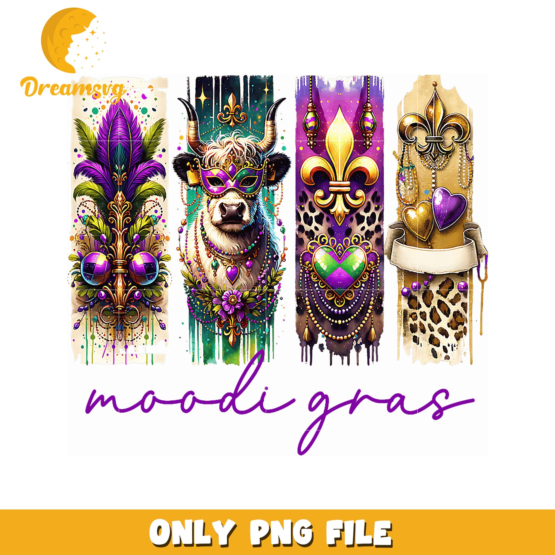 Mardi Gras Cow PNG Sublimation Design