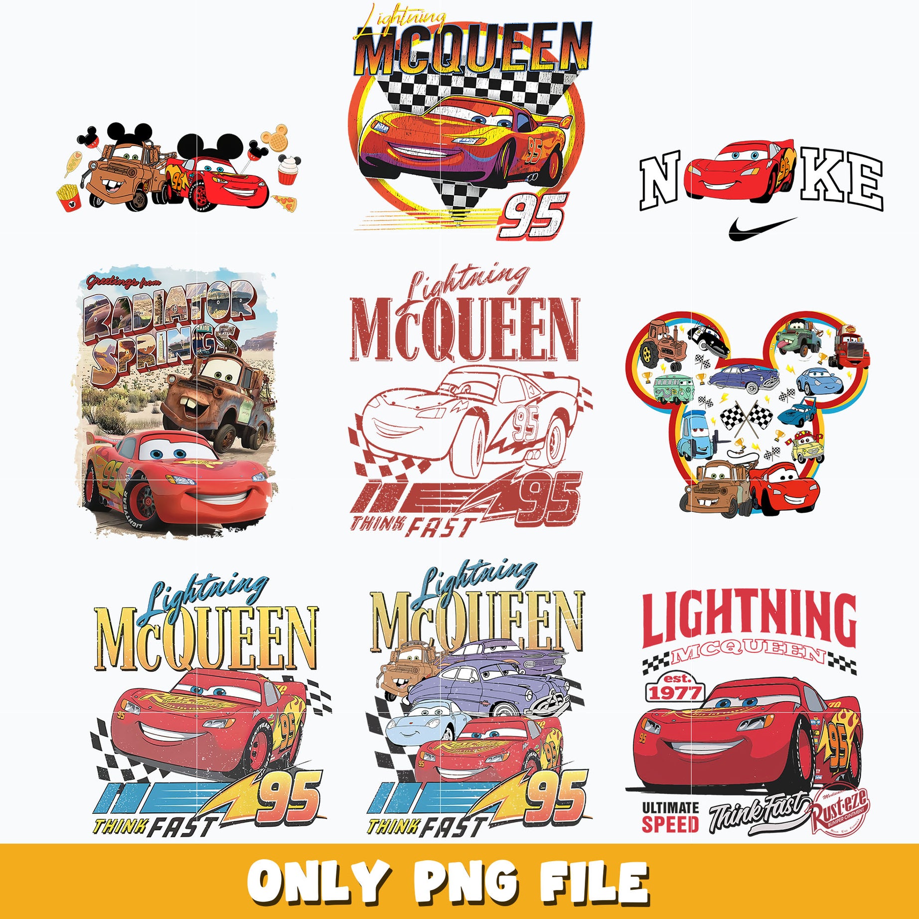 Mcqueen 95 Think Fast bundle png, Disney car png, Digital download