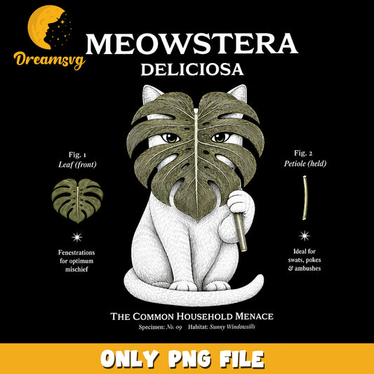 Meowstera Deliciosa Cat Monstera Leaf PNG, Funny Cat Botanical, Retro
