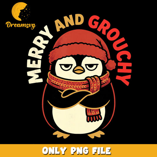 Merry And Grouchy Christmas Penguin PNG, Santa Hat, Holiday PNG