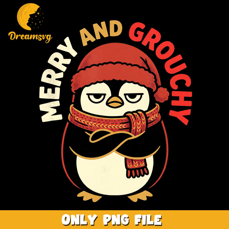 Merry And Grouchy Christmas Penguin PNG, Santa Hat, Holiday PNG