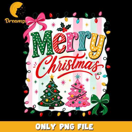 Merry Christmas Retro Trees Lights Bow PNG, Holiday, Christmas PNG