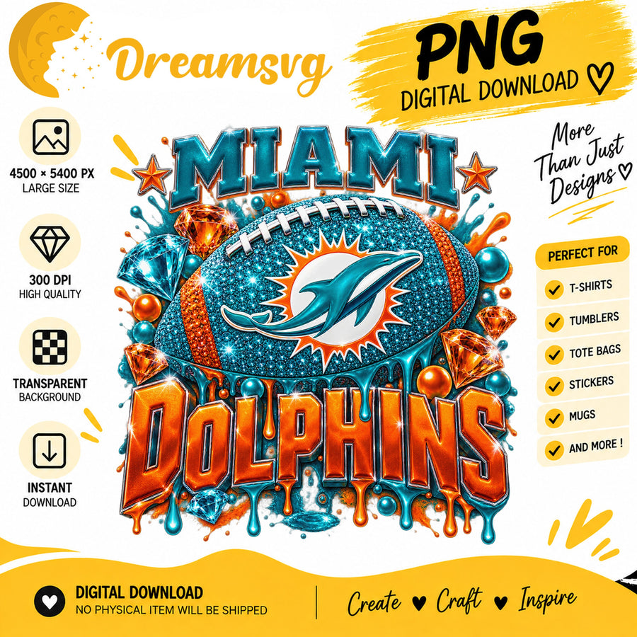 Miami Dolphins Bling Football Glitter Sublimation PNG