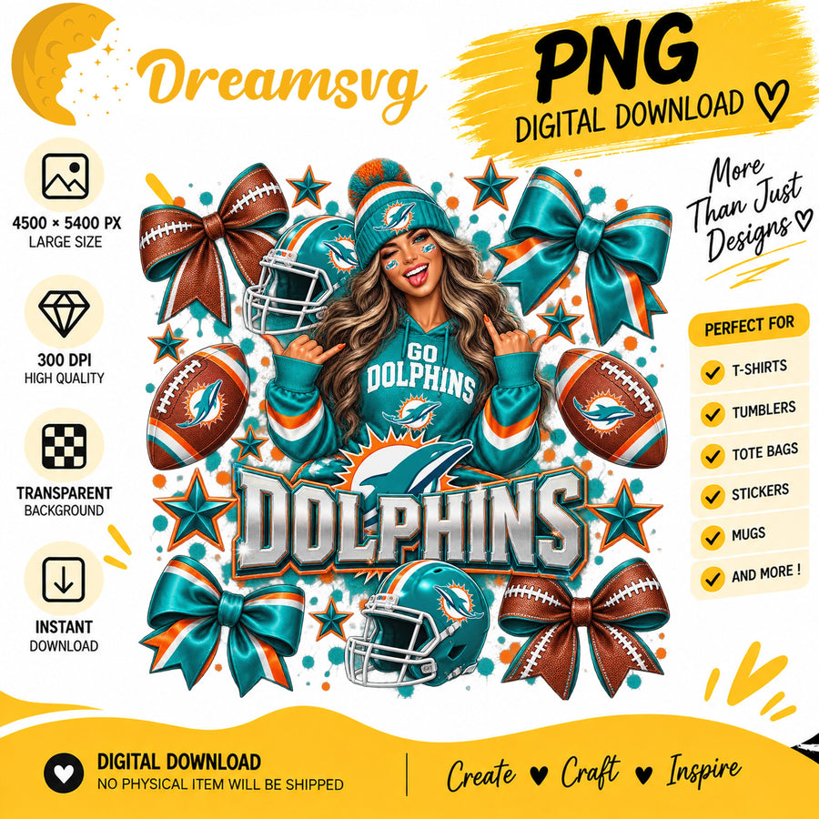 Miami Dolphins Coquette Bow Football Fan Girl PNG