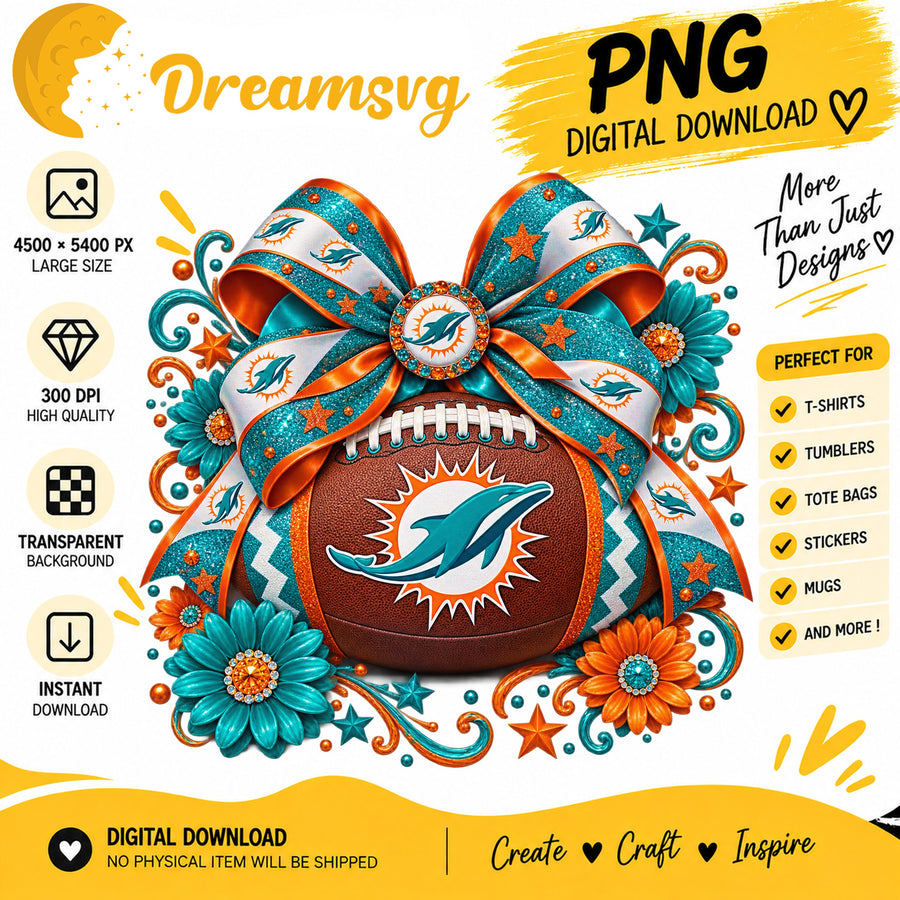 Miami Dolphins Coquette Bow Football Sublimation Clipart PNG