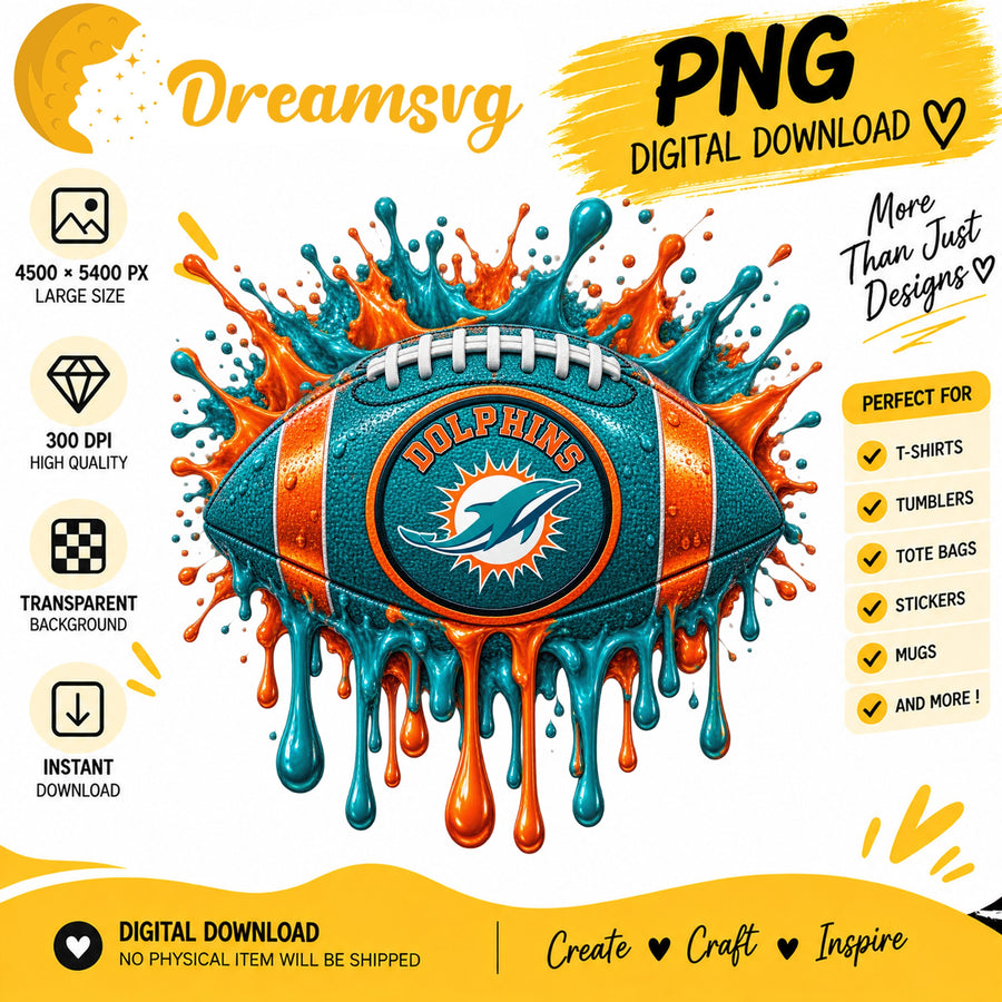 Miami Dolphins Dripping Football Splash Sublimation PNG