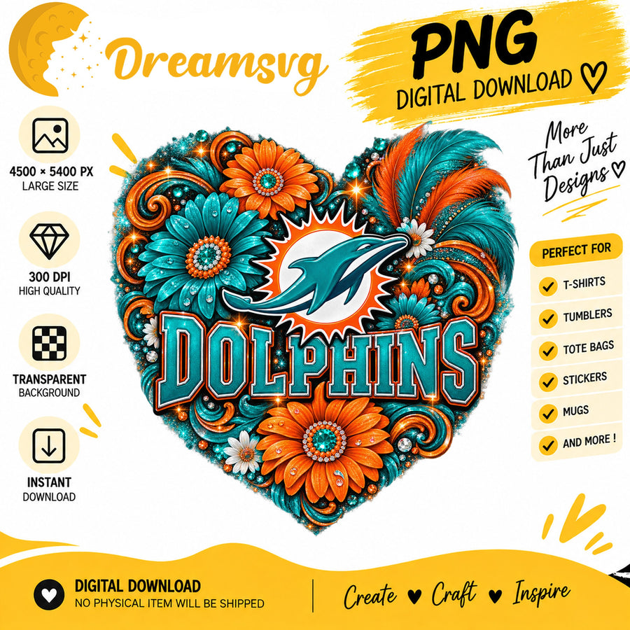 Miami Dolphins Floral Heart NFL Football Sublimation PNG