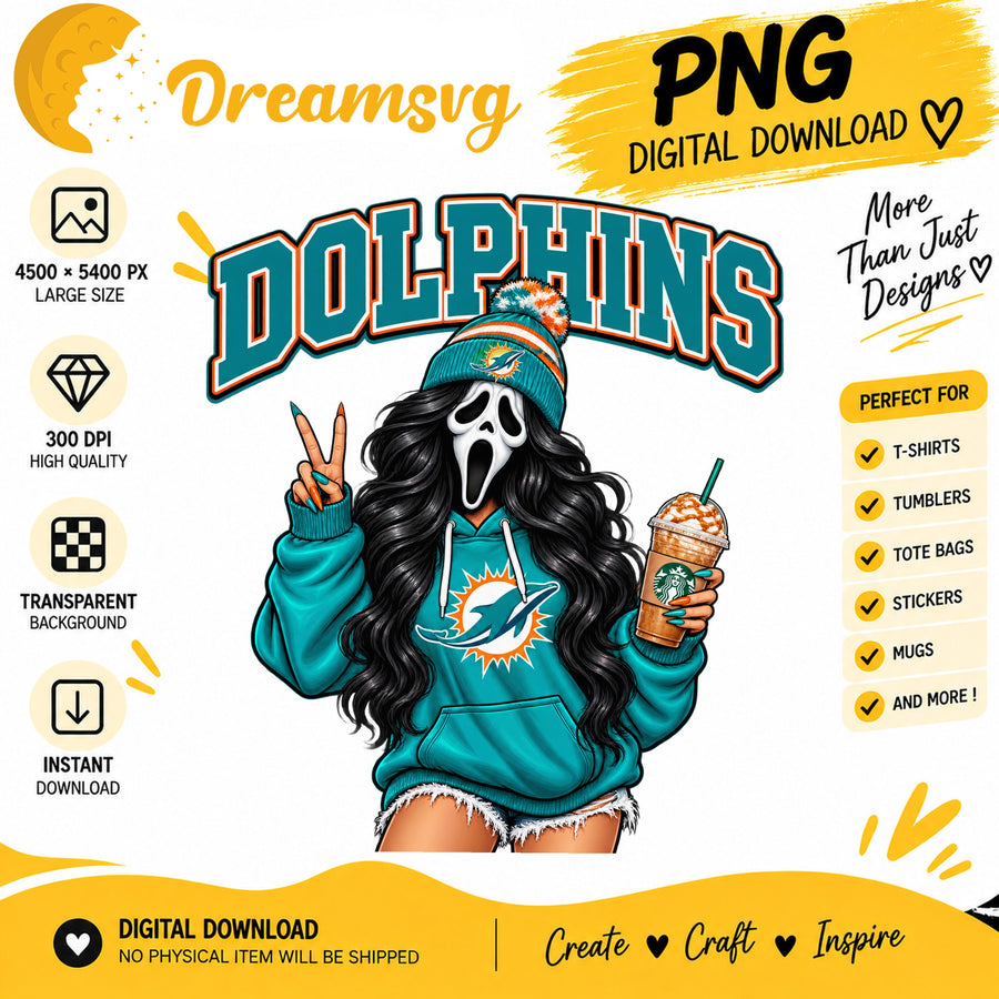 Miami Dolphins Ghost Face Halloween Football Fan Girl PNG