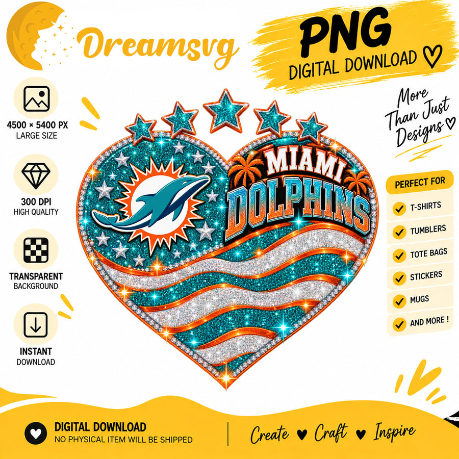 Miami Dolphins Glitter Heart NFL Football Sublimation PNG