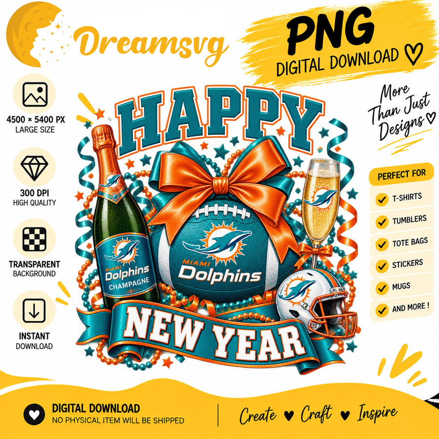 Miami Dolphins Happy New Year PNG, Craft File Design v4