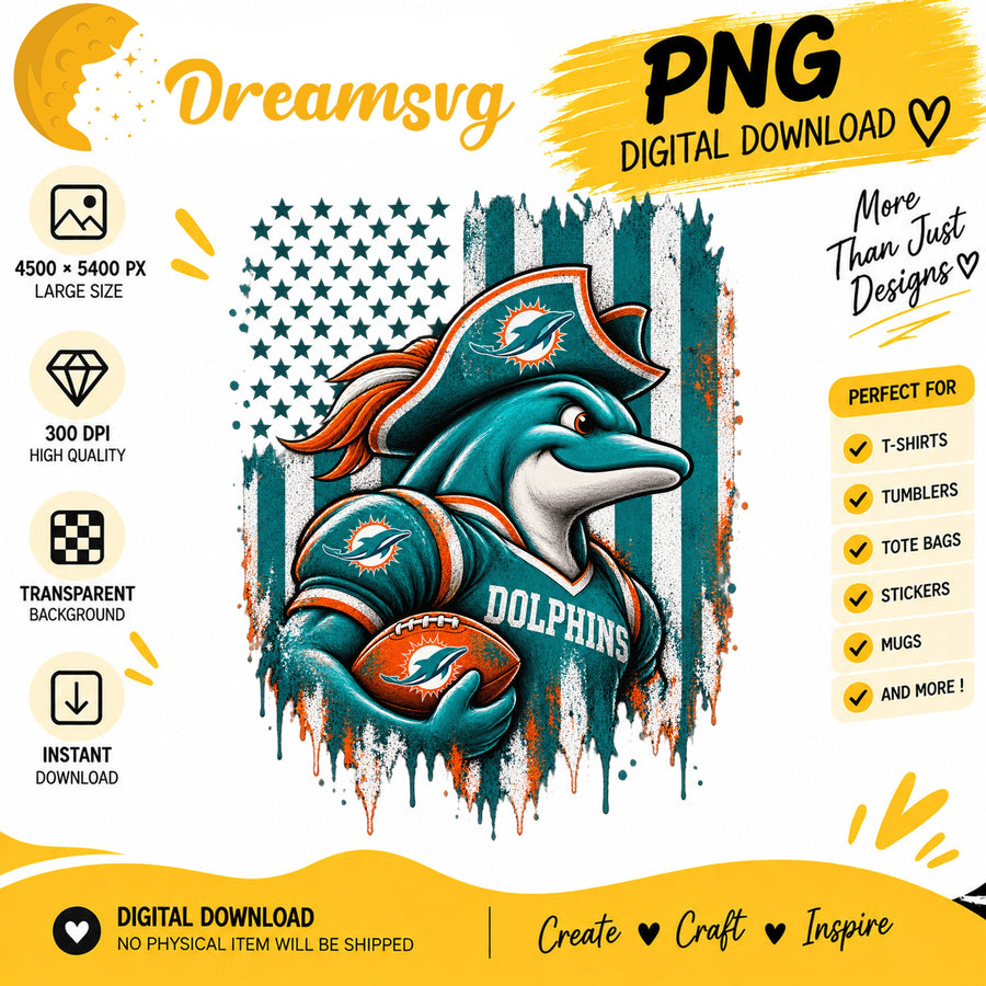 Miami Dolphins Mascot American Flag Football Sublimation PNG