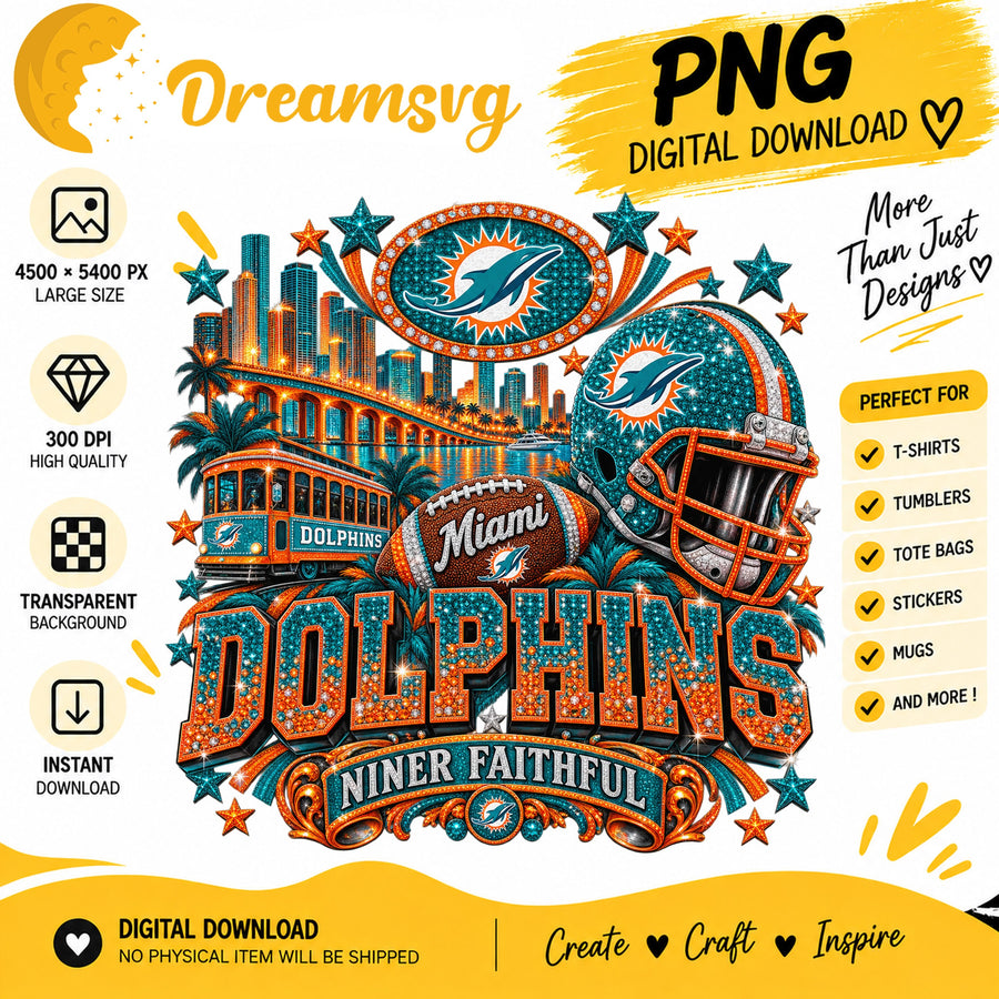 Miami Dolphins Niner Faithful Glitter Football Design PNG