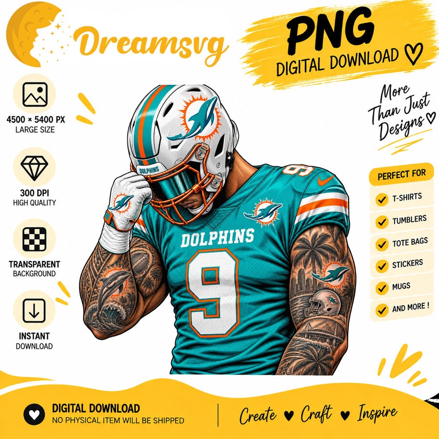 Miami Dolphins Tattooed Football Player Sublimation PNG