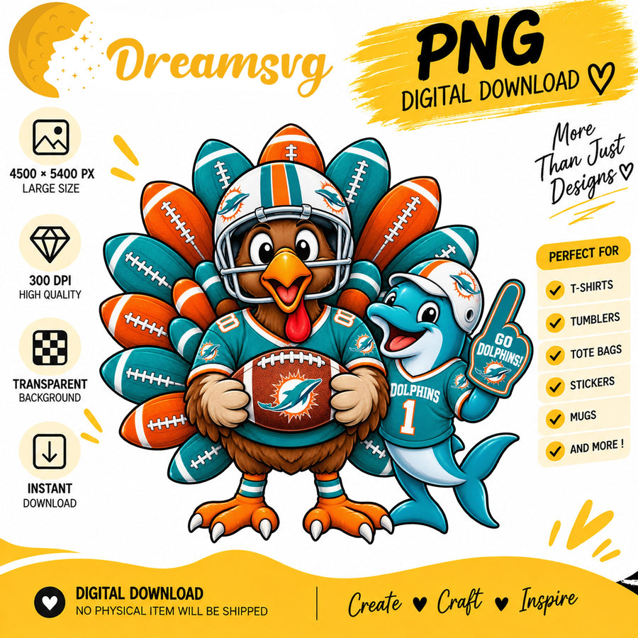 Miami Dolphins Turkey Thanksgiving Football Fan PNG