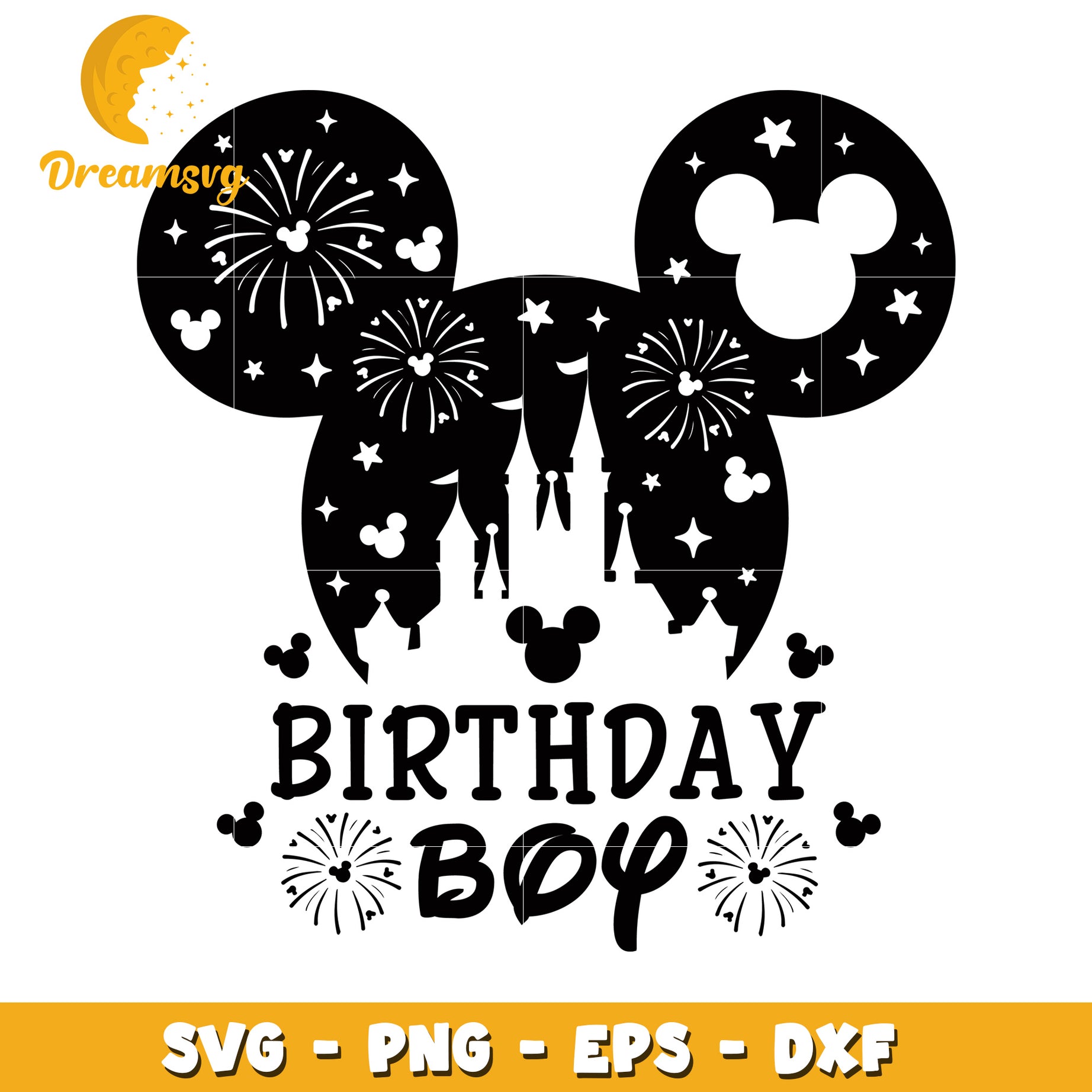 Mickey Mouse Birthday Boy SVG Design with Fireworks and Castle