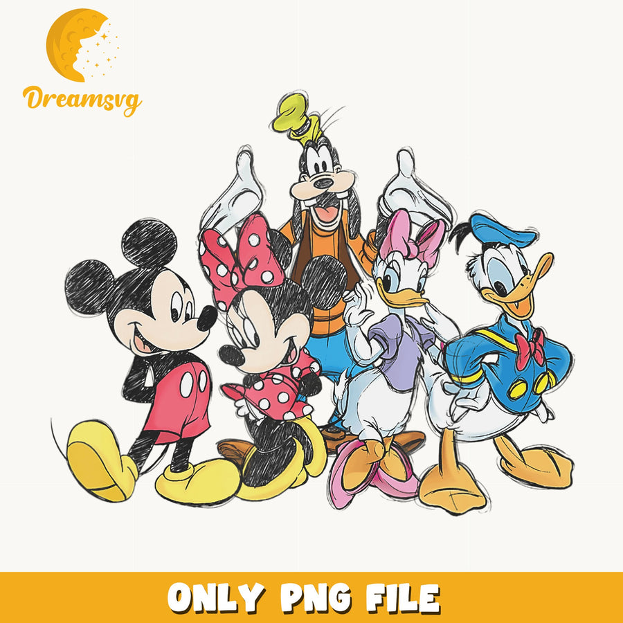 Mickey Mouse And Friends Sketch PNG, Disney Group Design, Goofy PNG