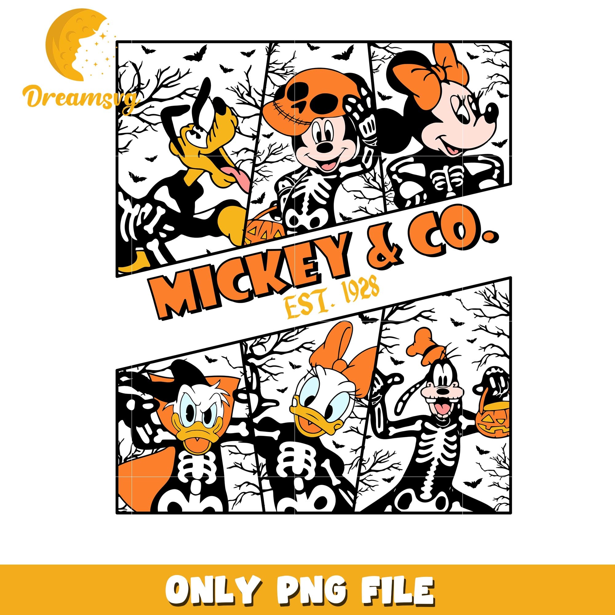 Mickey and co est 1928, Disneyland halloween friends png, Disney cartoon characters png