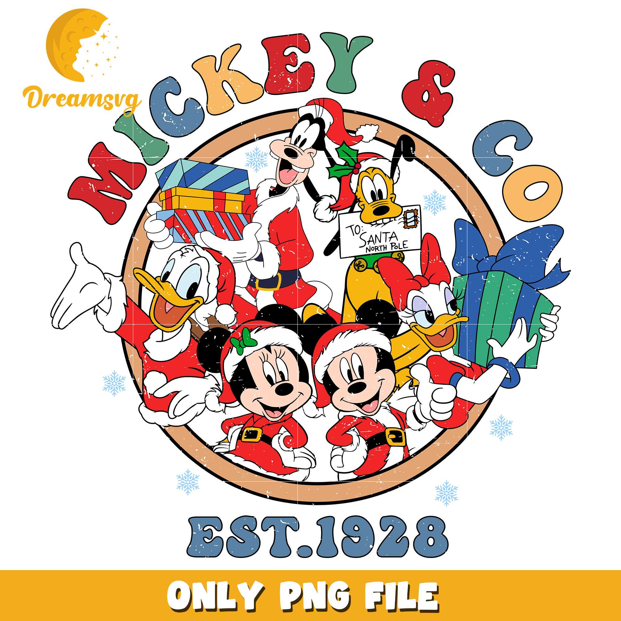 Mickey mouse and co est 1928 png, disney png, christmas png