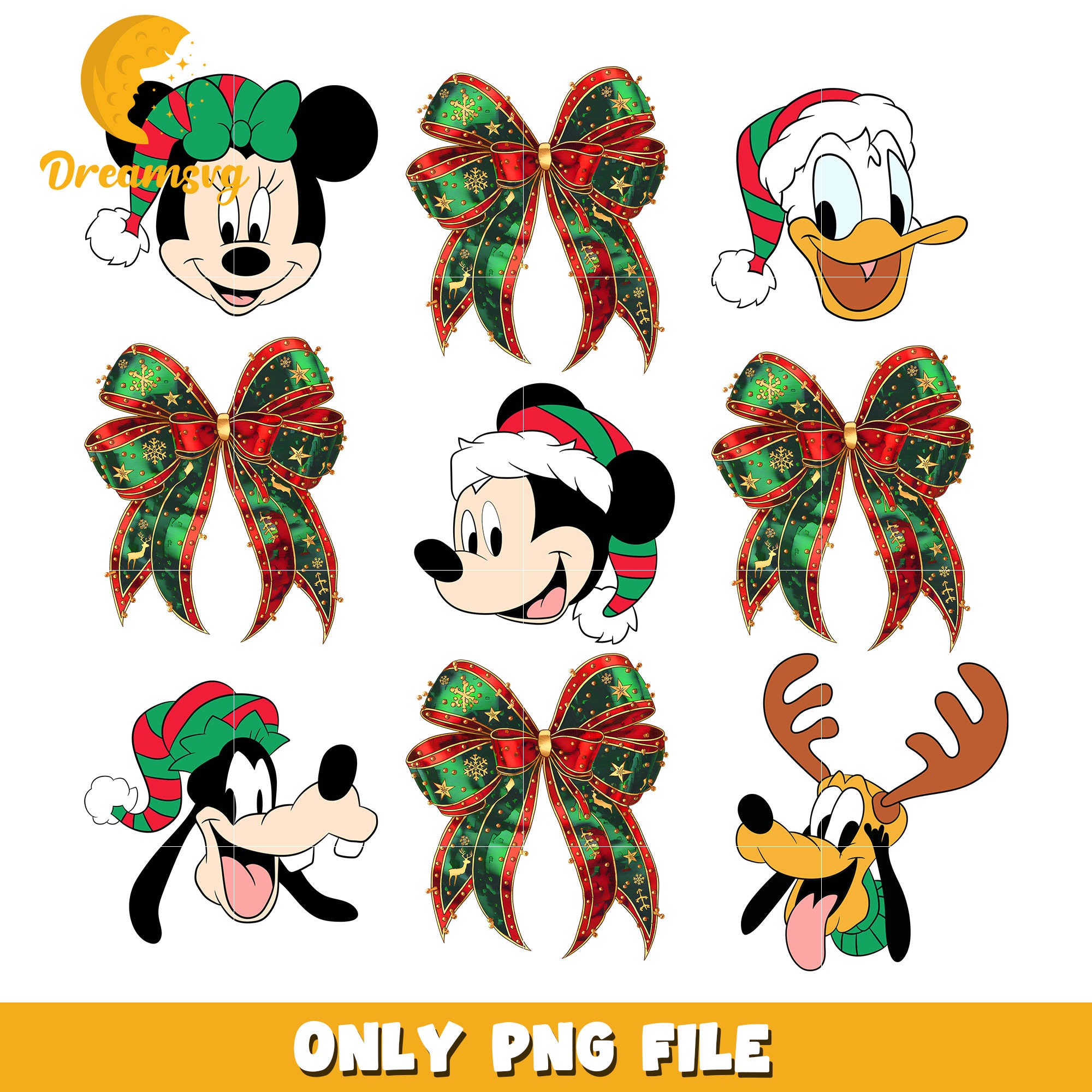Mickey mouse and friends head christmas png, christmas bows png