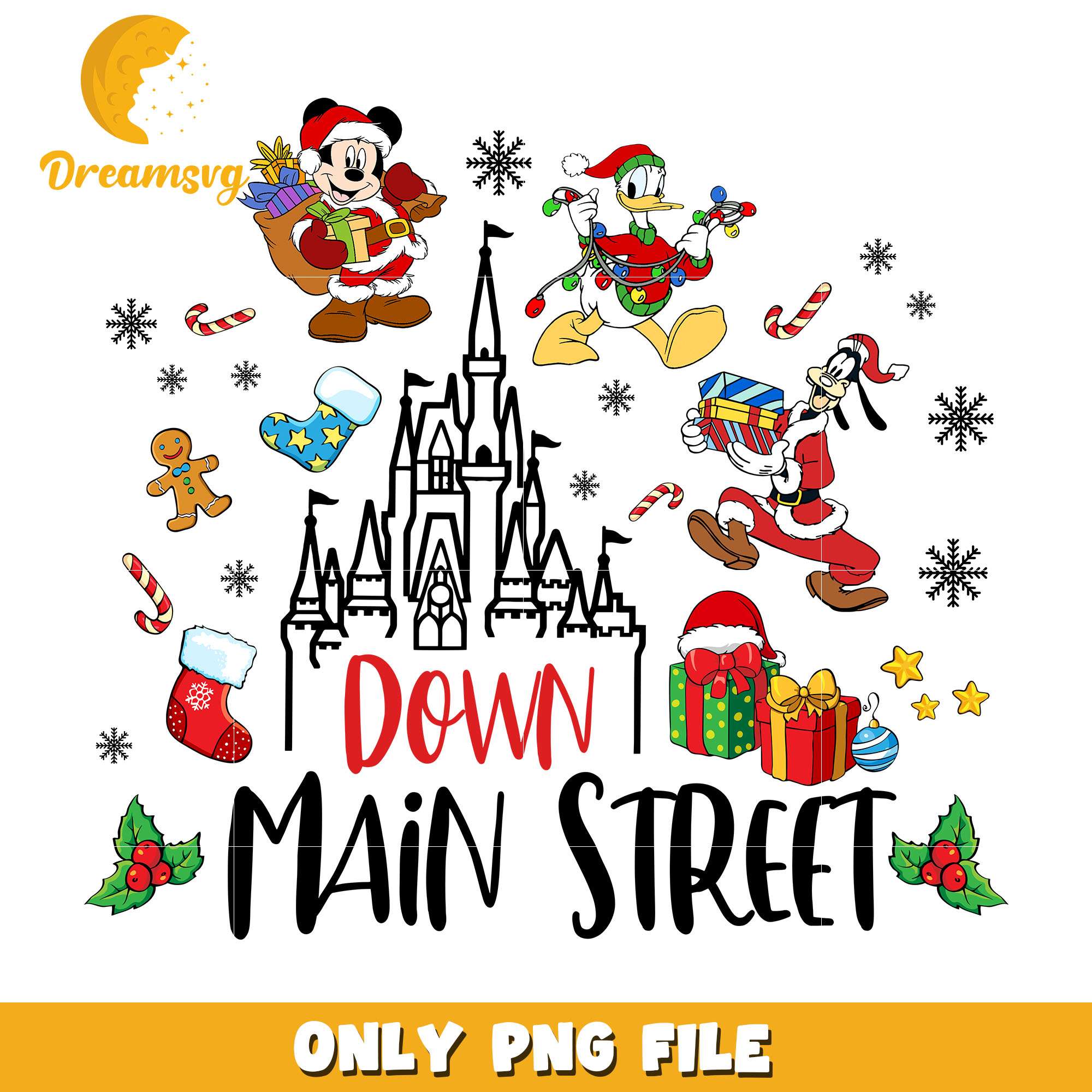Mickey mouse down main street png, disney png, christmas png